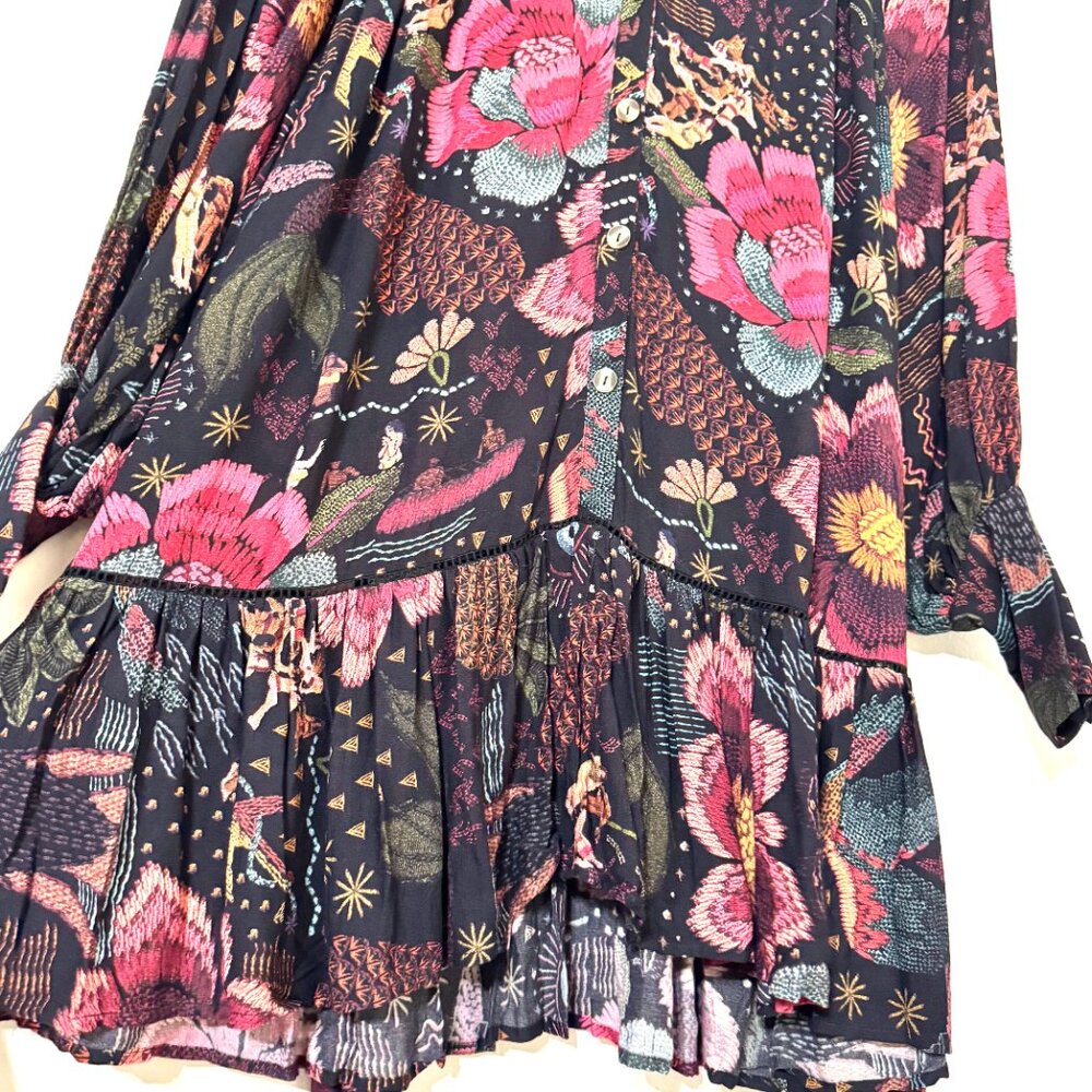 Farm Rio River Creatures Black Floral Mini Dress Tie Belt Button Front Tassels - Picture 6 of 16